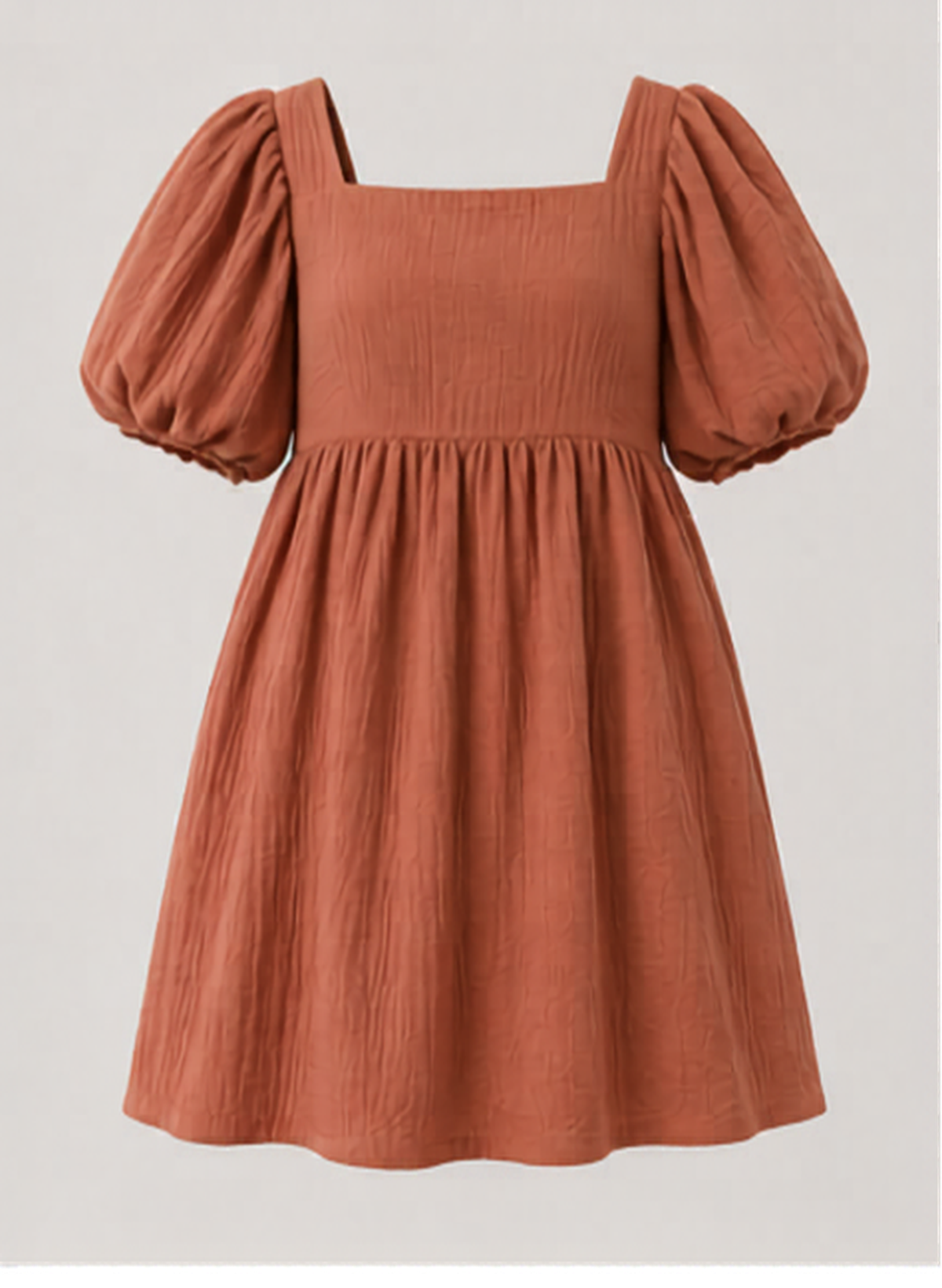 Terracotta Puff Sleeve Dress — handmade cotton-linen dress in terracotta, front view, made to order by Jenna K. Studio Munich