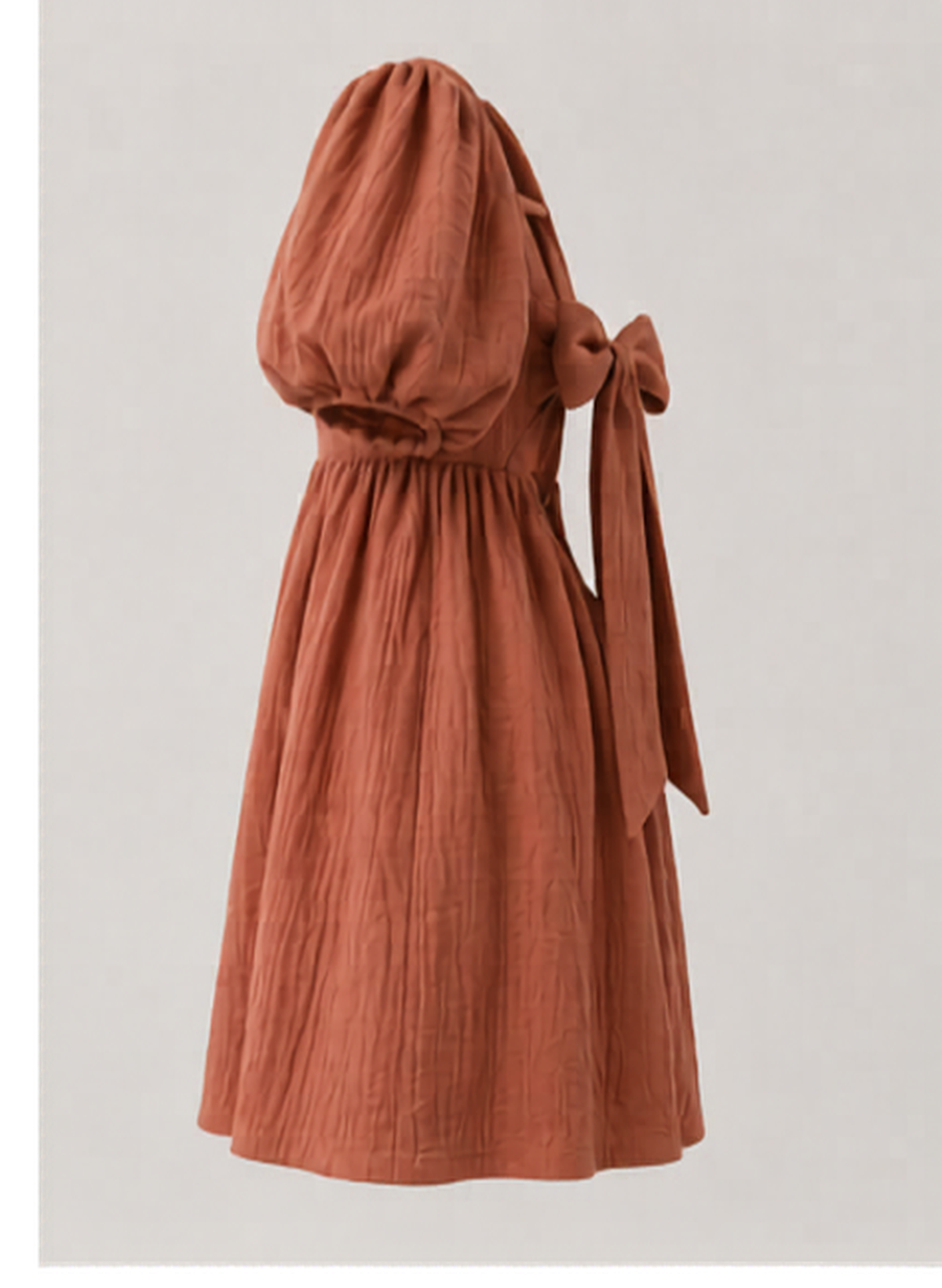 Terracotta Puff Sleeve Dress — back view, cotton-linen blend, handmade in Munich