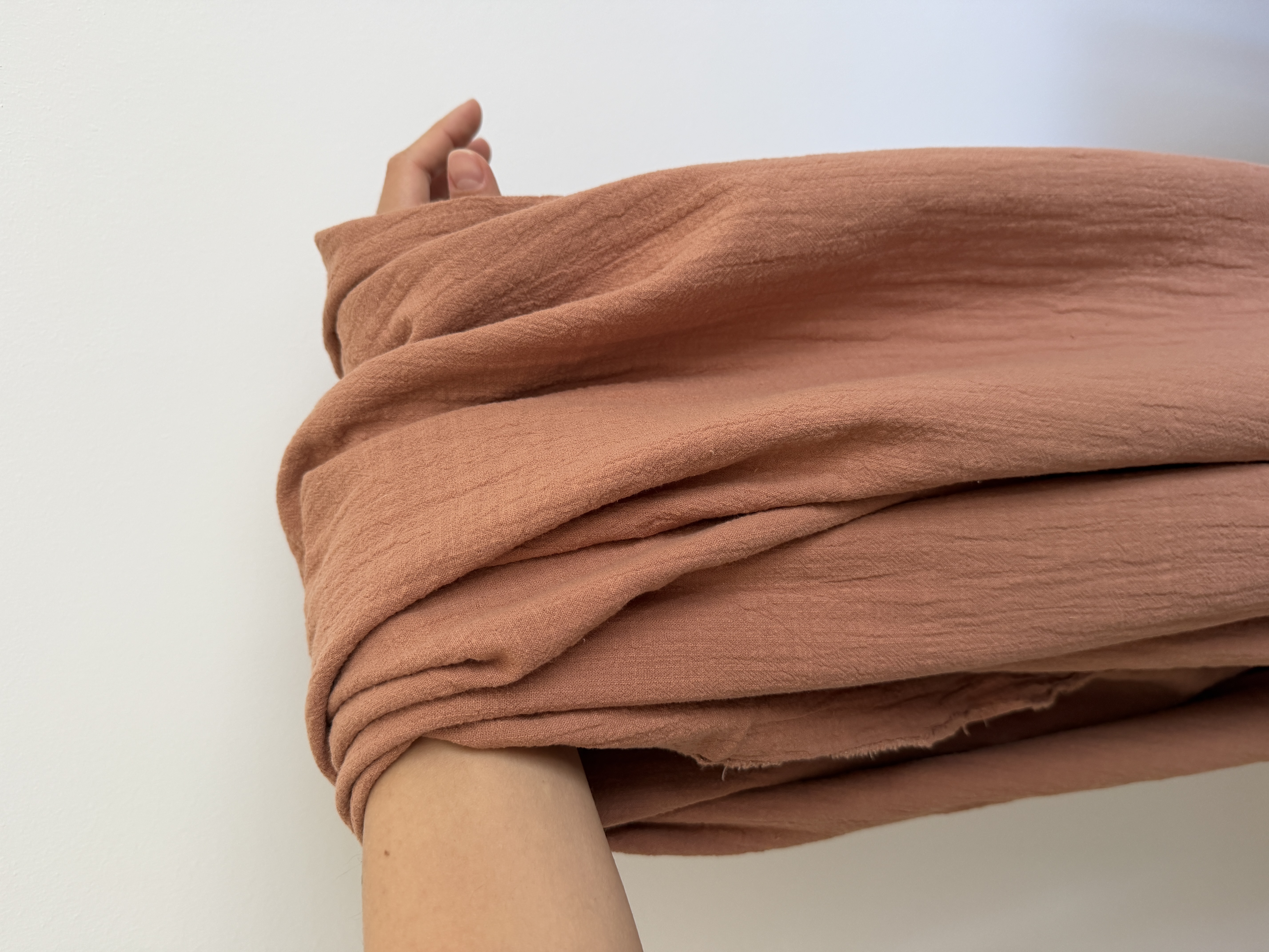 Terracotta Puff Sleeve Dress — fabric detail, cotton-linen blend, Jenna K. Studio