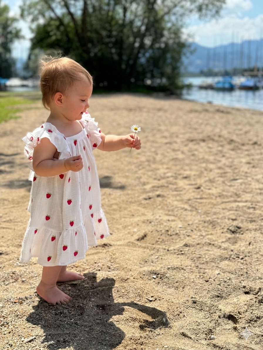 Strawberry Baby Dress — handmade cotton-linen dress, size 12–18 months, front view, by Jenna K. Studio Munich