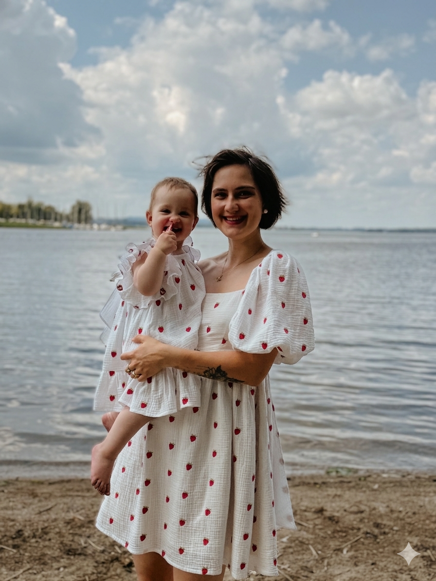 Strawberry Puff Sleeve Dress — back view, cotton-linen blend, handcrafted by Jenna K. Studio
